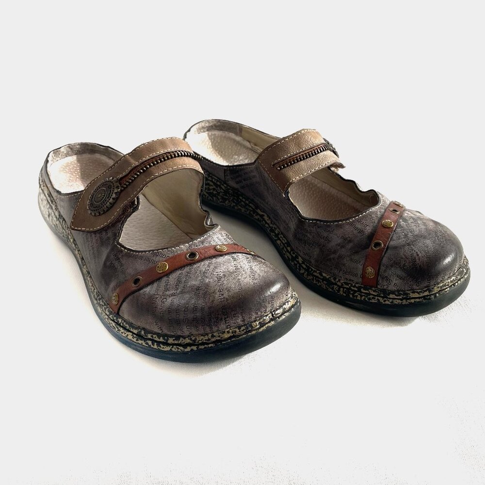 SOLD  Rieker 7 Antistress 38 Gray Leather Mary Jane Newspaper Slides Slip Ons